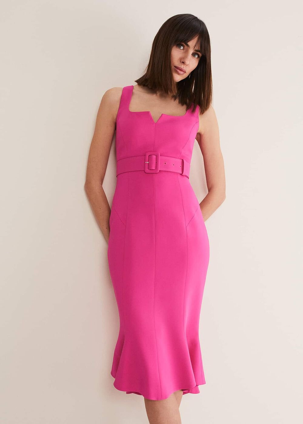 Adria Pink Fitted Midi Dress - Hot Pink