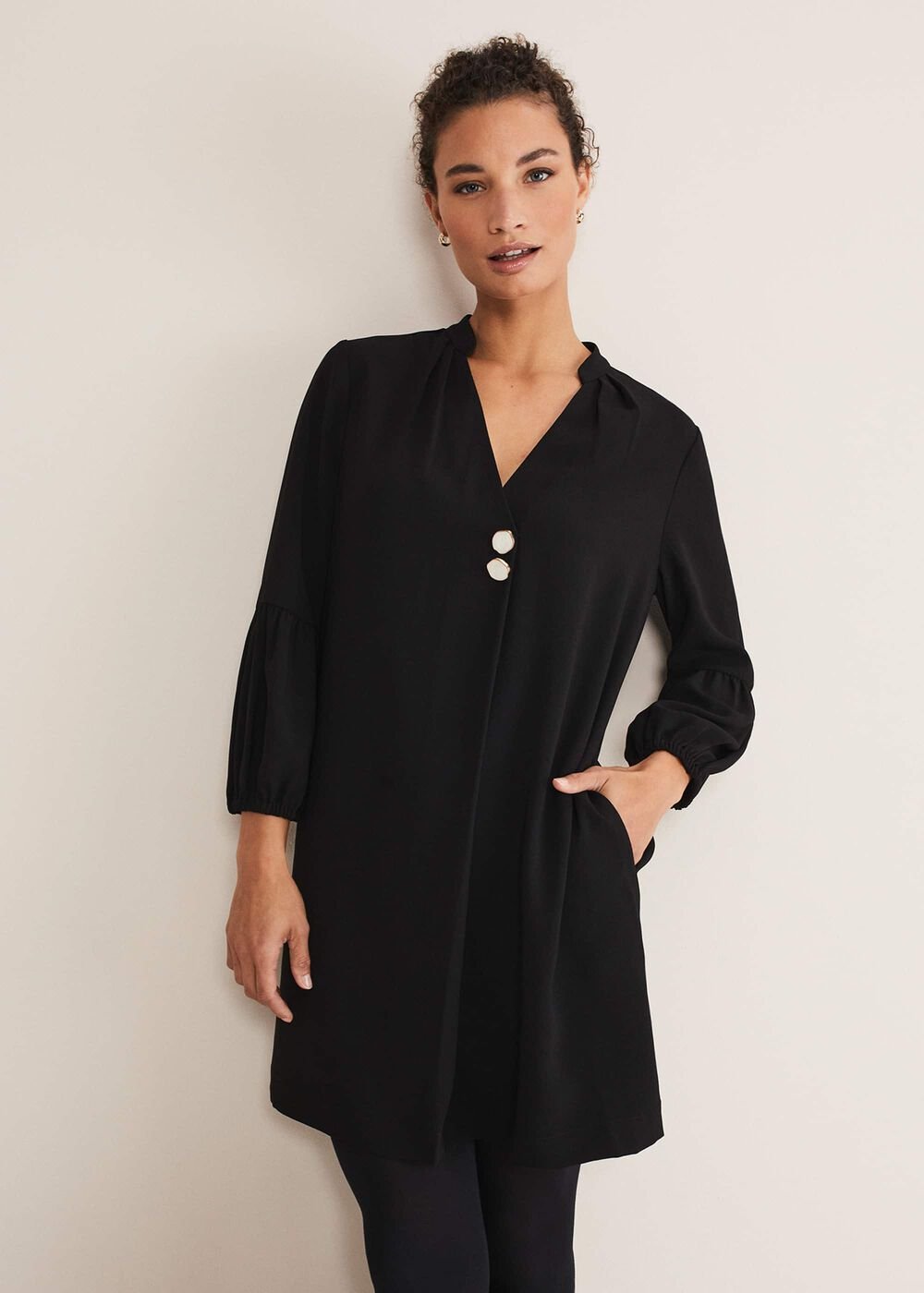 Black Tunic Dress with Statement Buttons - Black