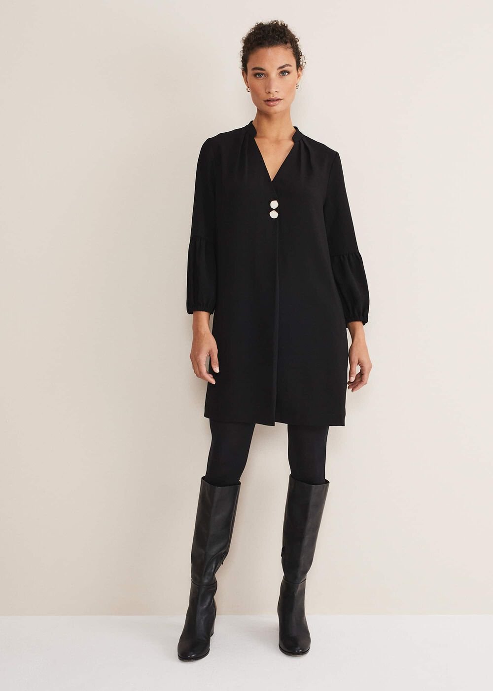Black Tunic Dress with Statement Buttons - Black