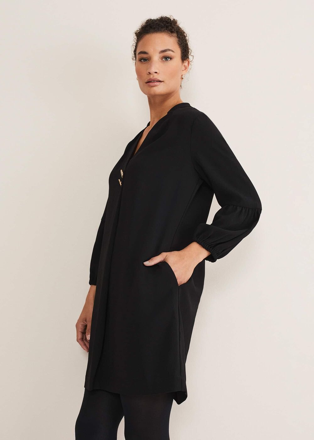 Black Tunic Dress with Statement Buttons - Black