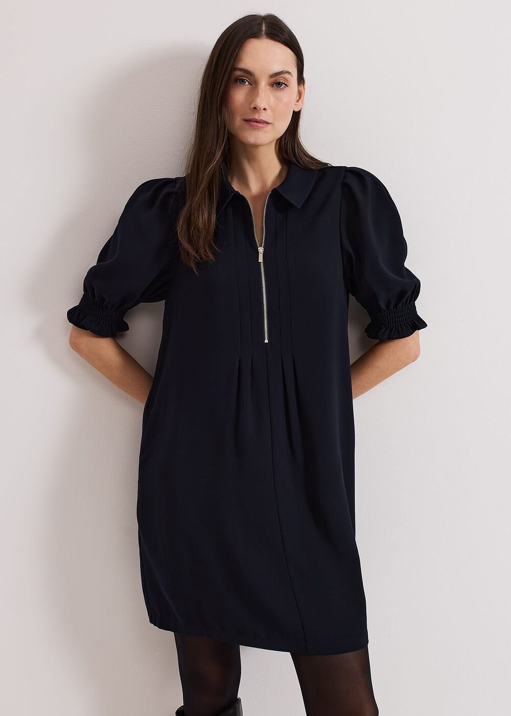 Navy Zip Mini Dress with Frill Sleeve Cuffs - Navy
