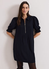 Navy Zip Mini Dress with Frill Sleeve Cuffs - Navy