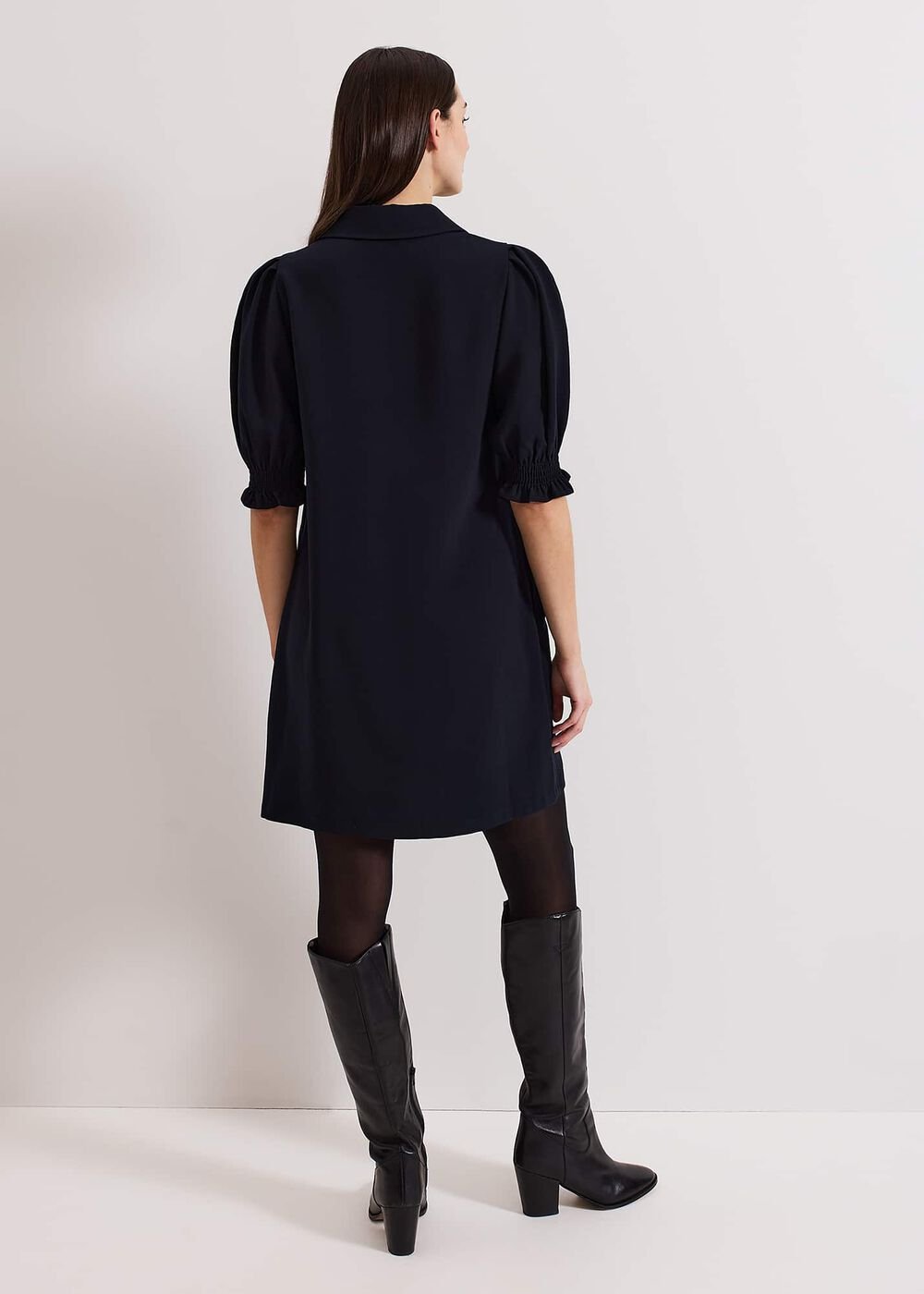 Navy Zip Mini Dress with Frill Sleeve Cuffs - Navy