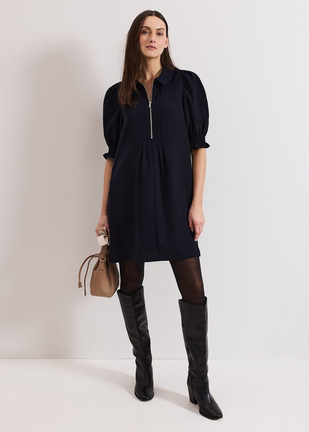 Navy Zip Mini Dress with Frill Sleeve Cuffs - Navy