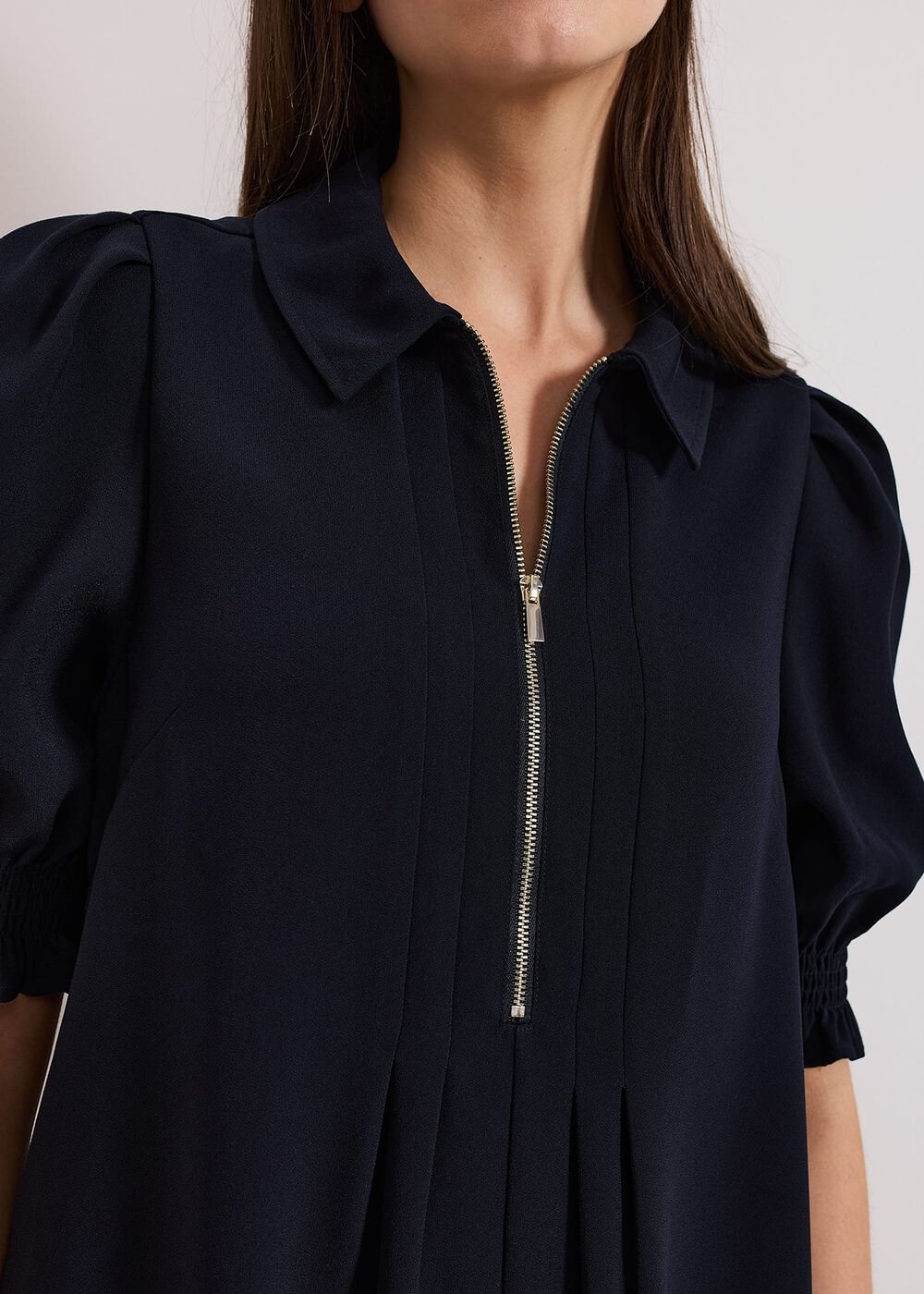 Navy Zip Mini Dress with Frill Sleeve Cuffs - Navy