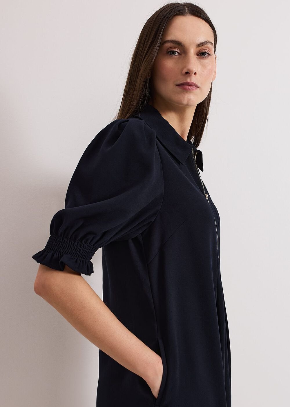 Navy Zip Mini Dress with Frill Sleeve Cuffs - Navy