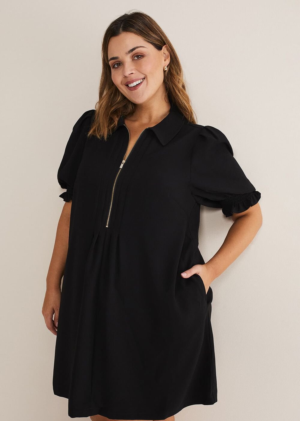 Navy Zip Mini Dress with Frill Sleeve Cuffs - Navy