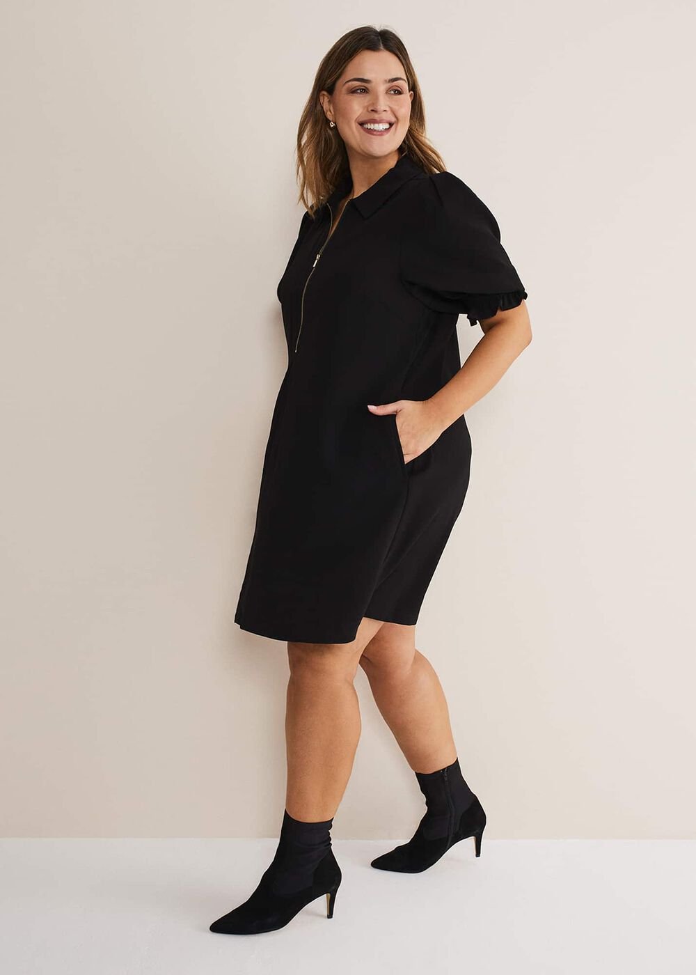 Navy Zip Mini Dress with Frill Sleeve Cuffs - Navy