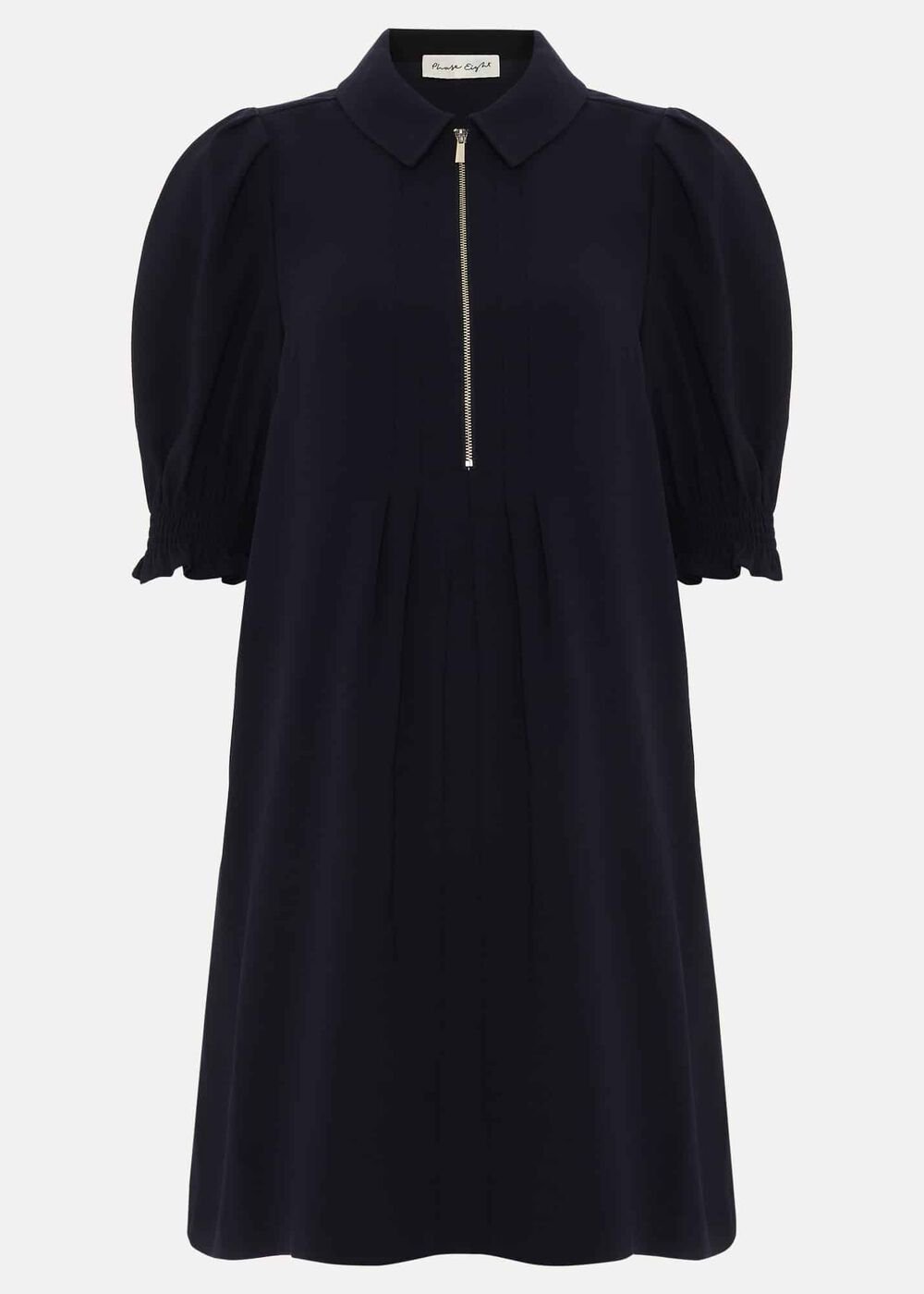Navy Zip Mini Dress with Frill Sleeve Cuffs - Navy
