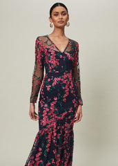 Trisha Embroidered Maxi Dress - Navy/Pink