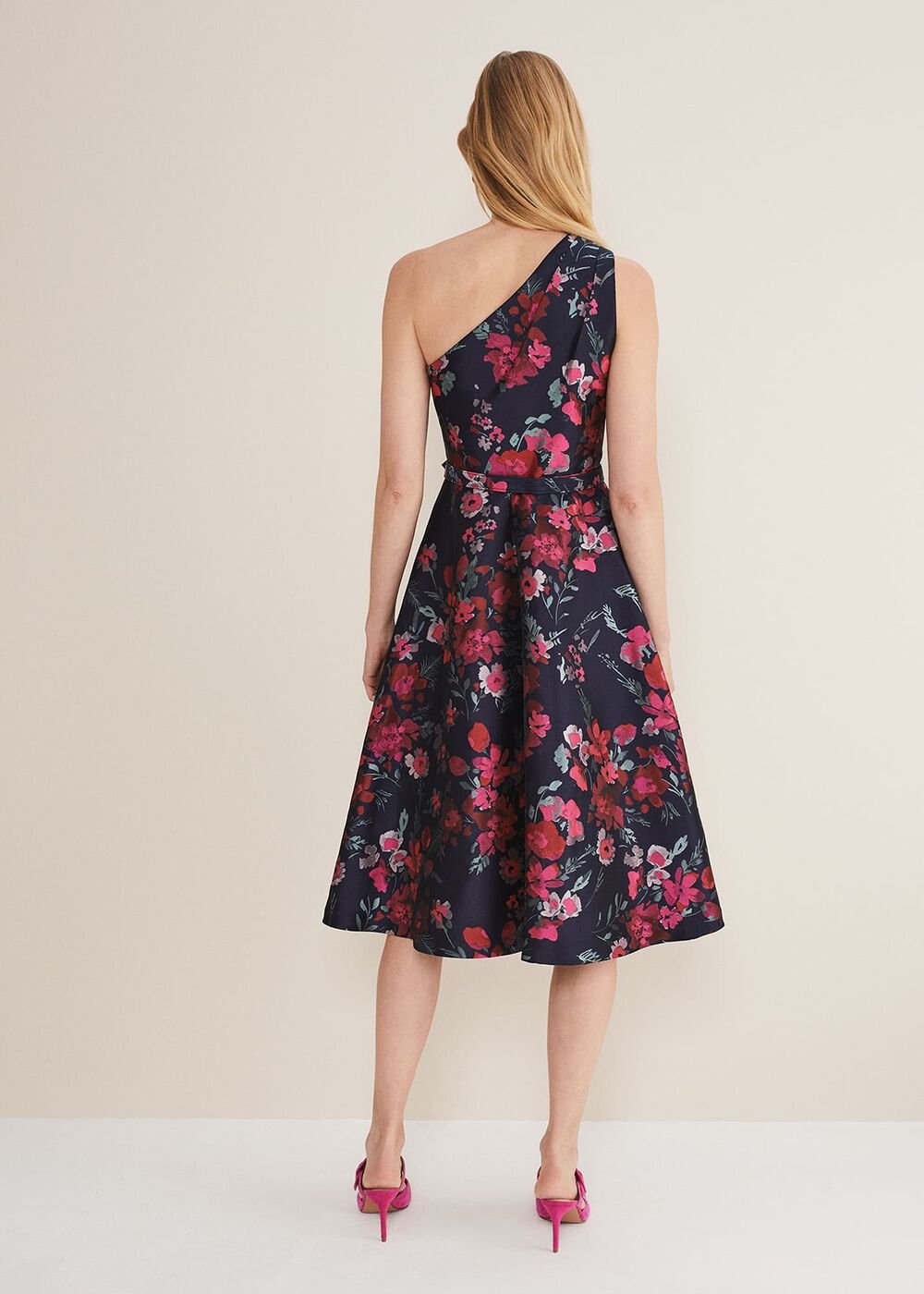 Tasha One Shoulder Jacquard Dress - Navy/Multi
