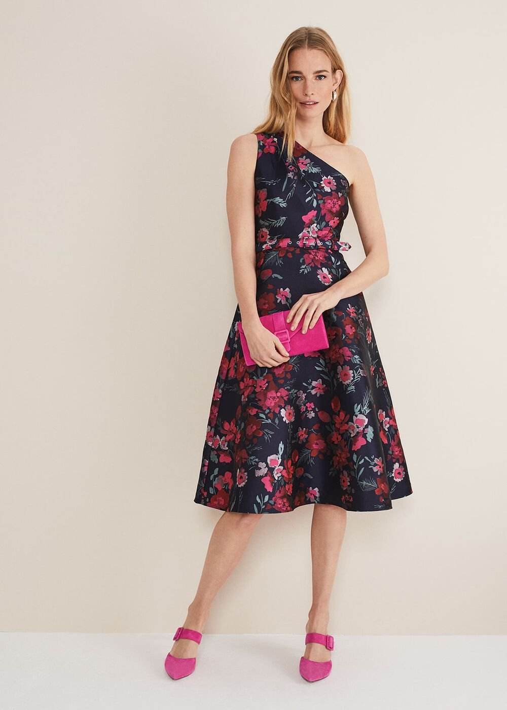 Tasha One Shoulder Jacquard Dress - Navy/Multi
