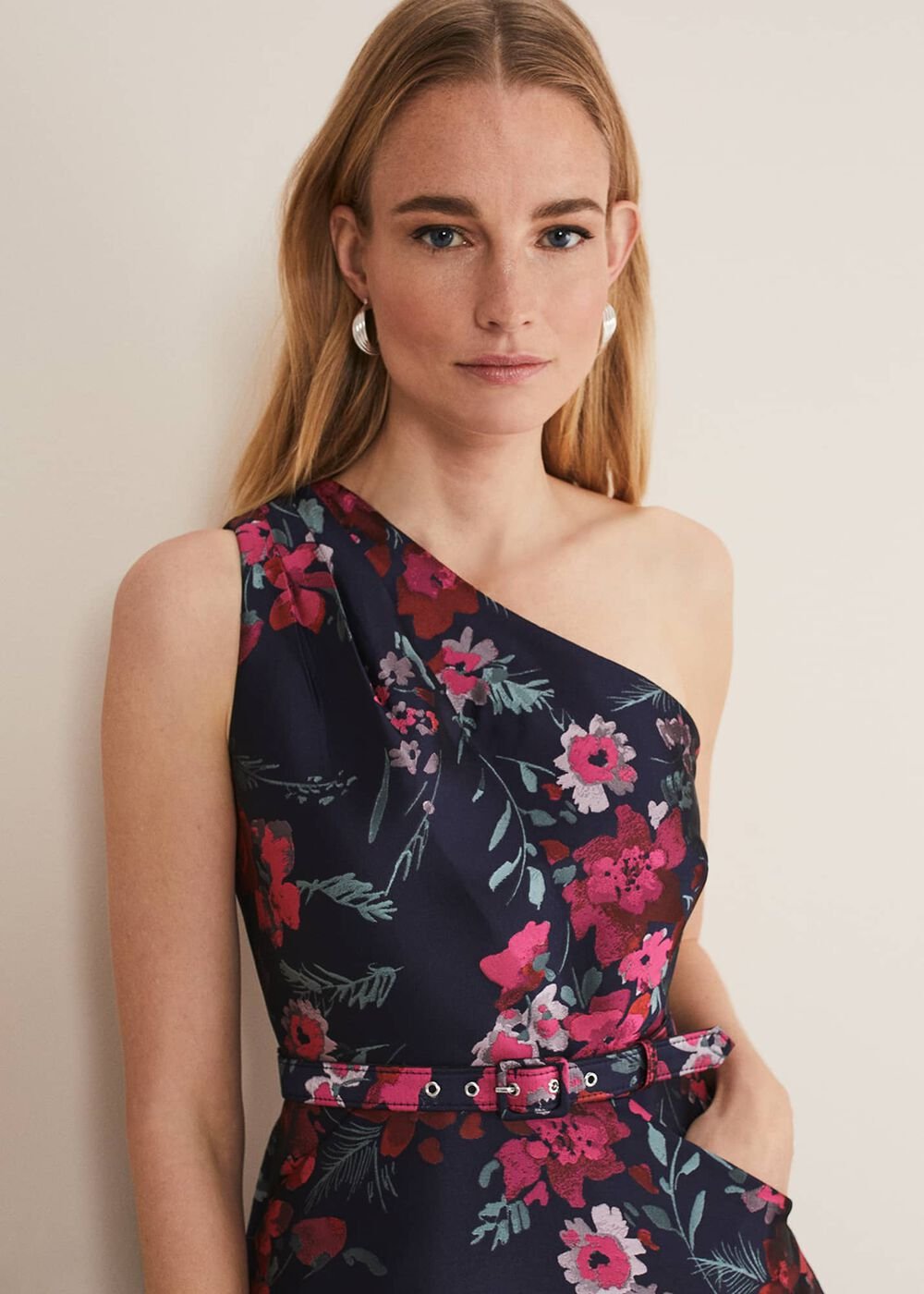Tasha One Shoulder Jacquard Dress - Navy/Multi