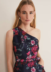 Tasha One Shoulder Jacquard Dress - Navy/Multi
