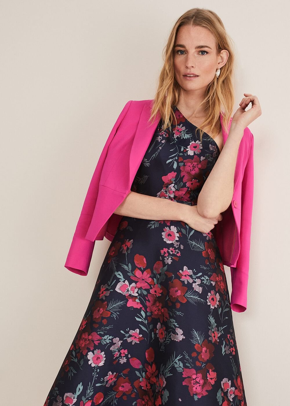 Tasha One Shoulder Jacquard Dress - Navy/Multi