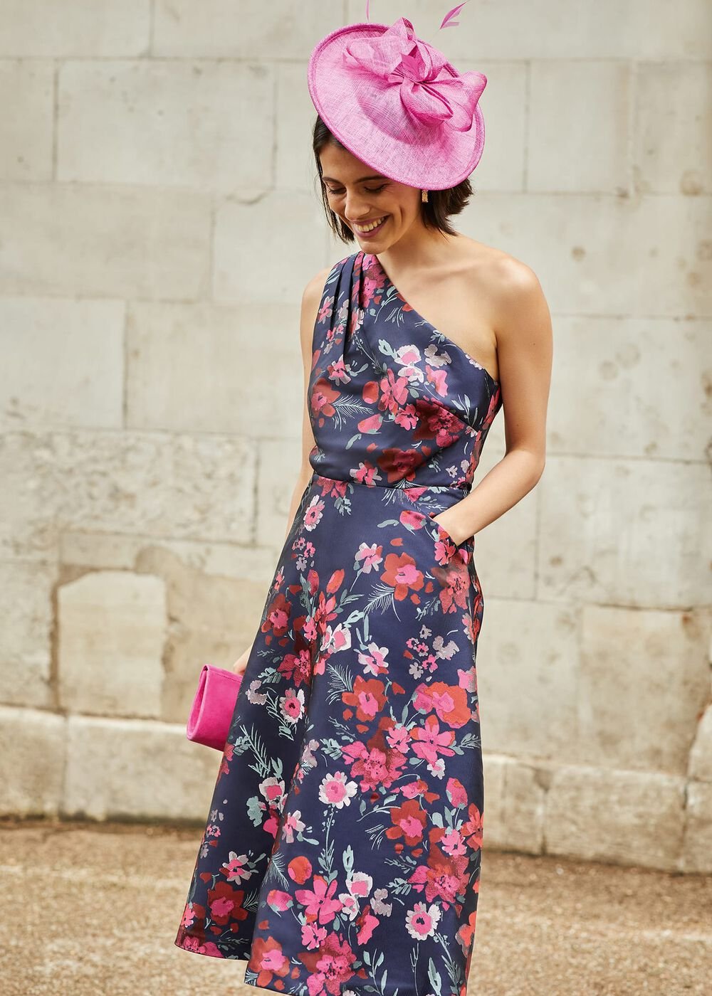 Tasha One Shoulder Jacquard Dress - Navy/Multi