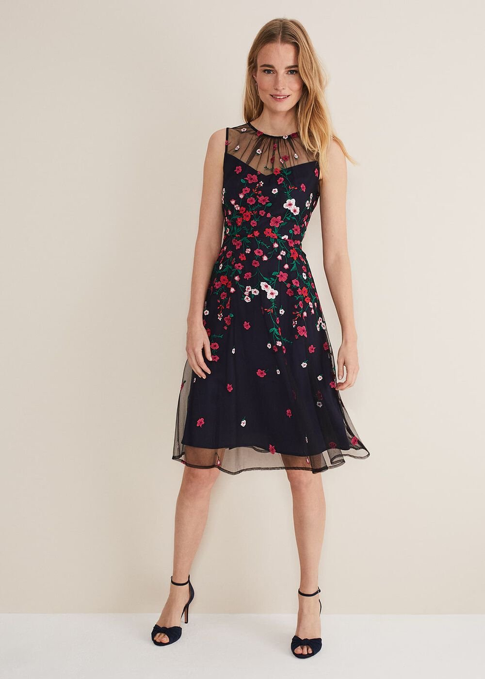 Sloane Mesh Ditsy Floral Dress - Navy/Multi