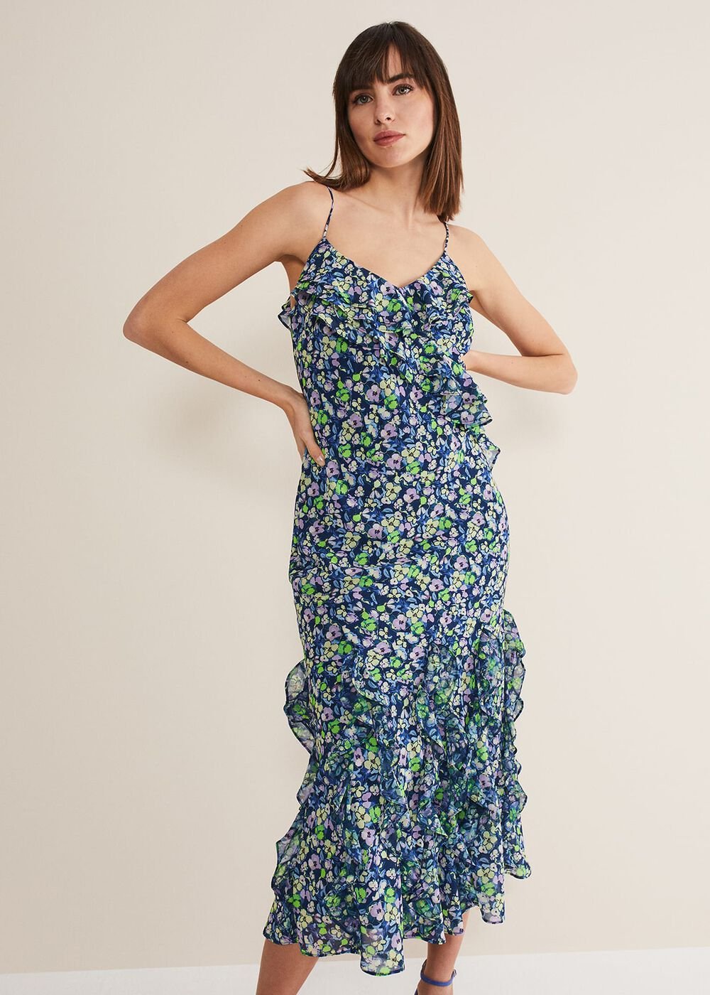 Catira Floral Ruffle Midaxi Dress - Navy/Multi