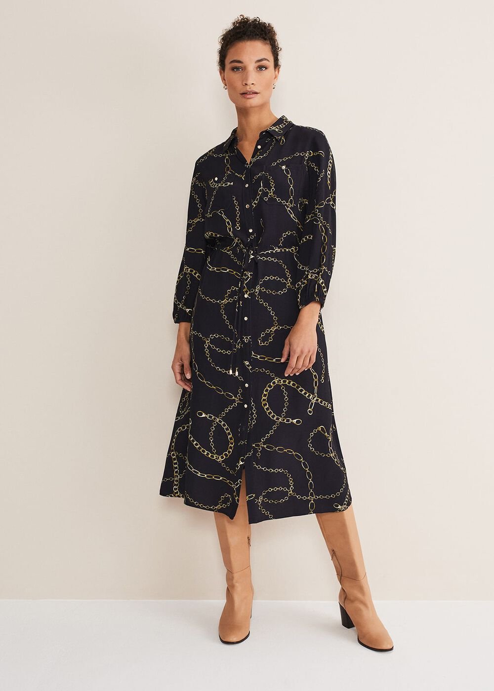 Tana Chain Print Shirt Midi Dress - Navy