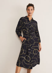 Tana Chain Print Shirt Midi Dress - Navy