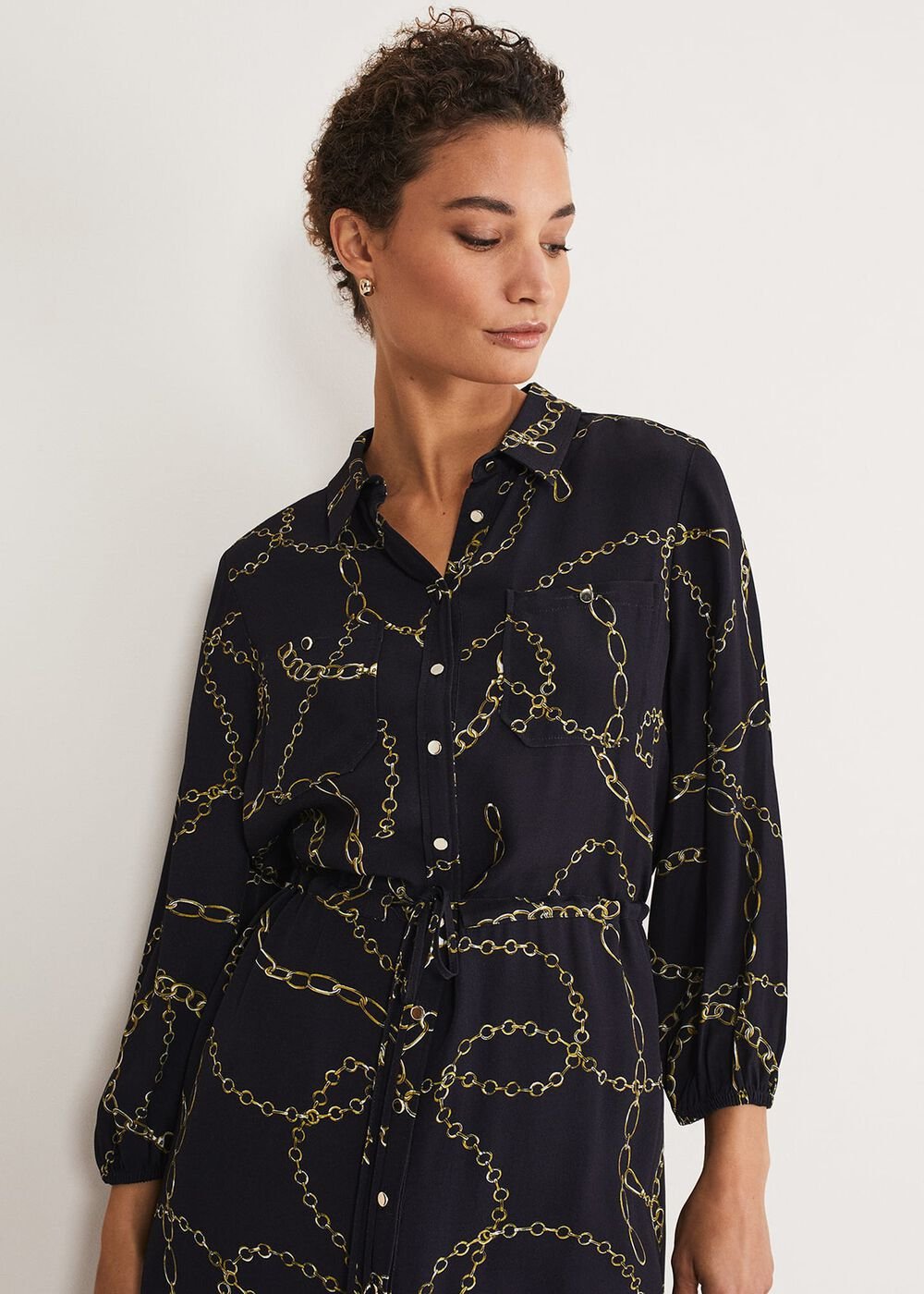 Tana Chain Print Shirt Midi Dress - Navy