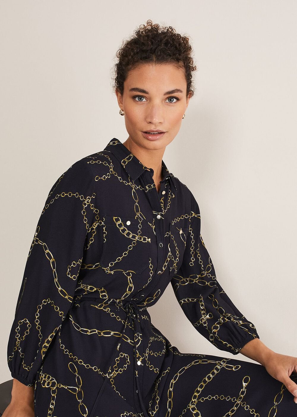 Tana Chain Print Shirt Midi Dress - Navy