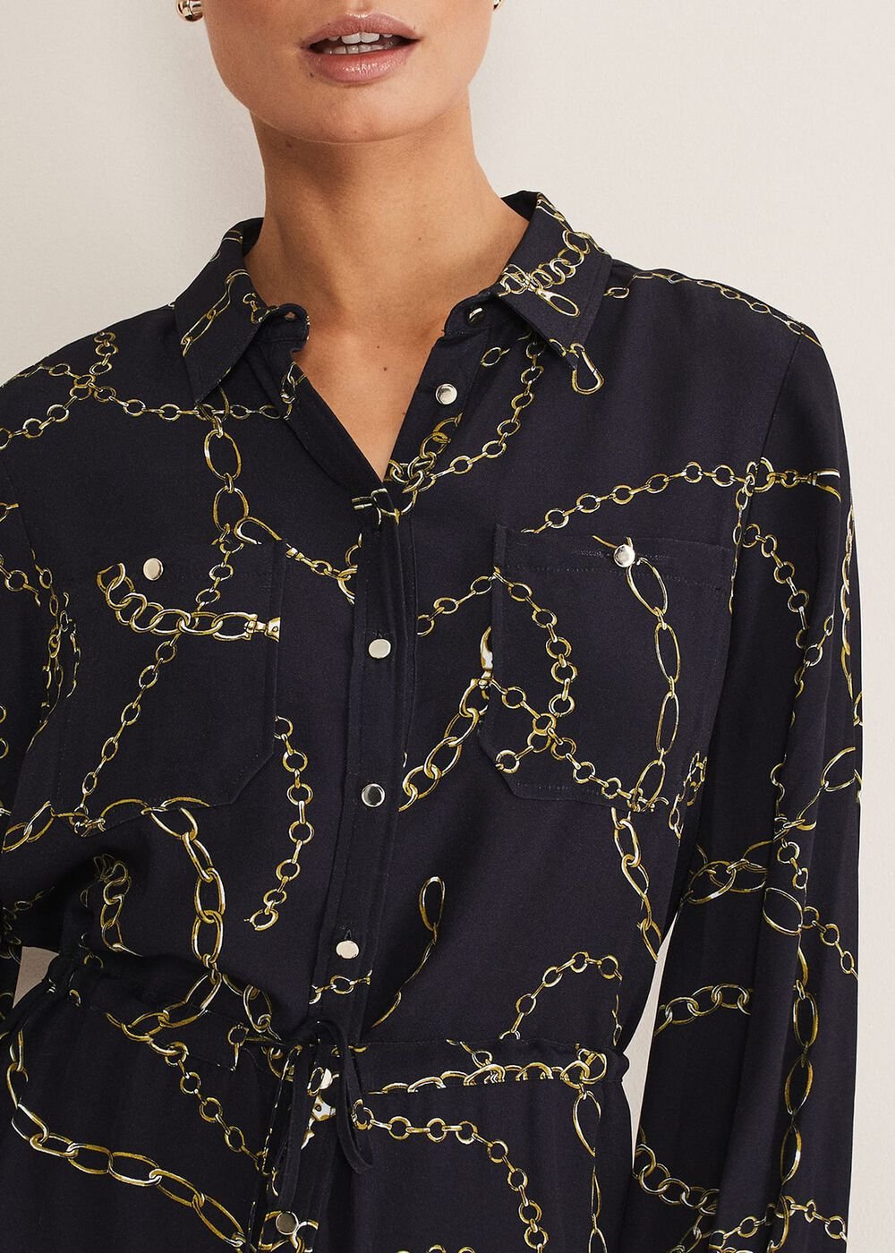 Tana Chain Print Shirt Midi Dress - Navy