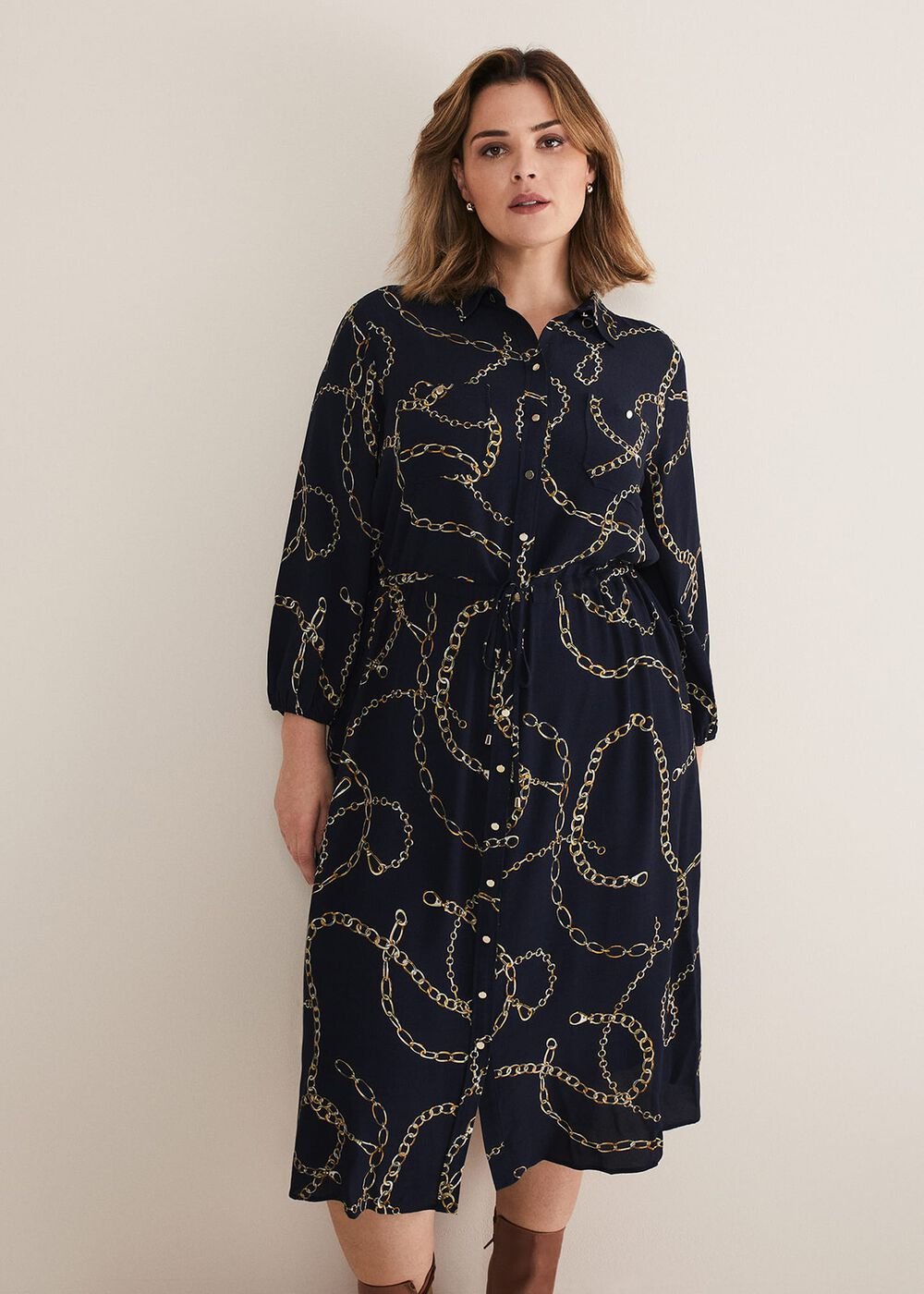 Tana Chain Print Shirt Midi Dress - Navy