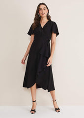 Black Asymmetric Wrap Dress - Black