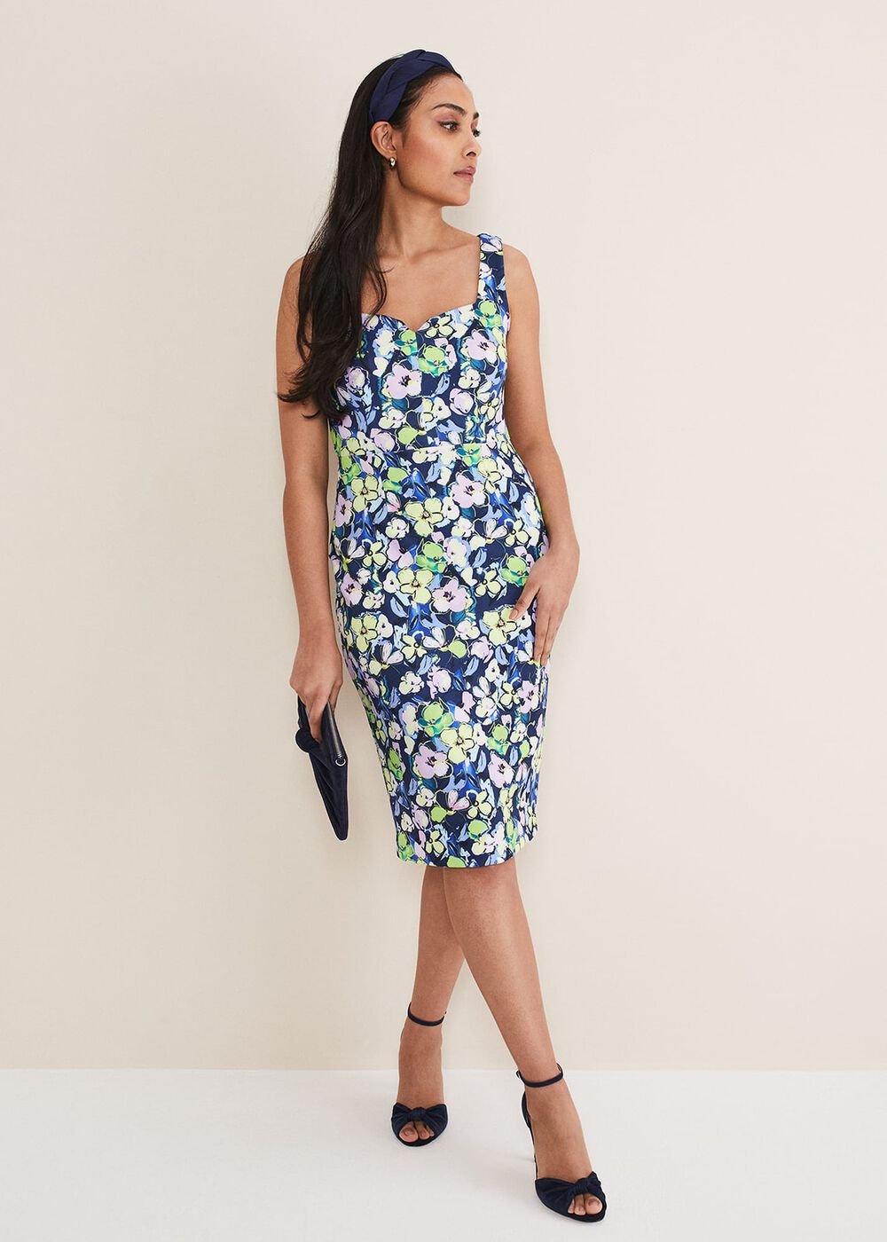 Petite Loretta Printed Scuba Dress - French Navy / Multi