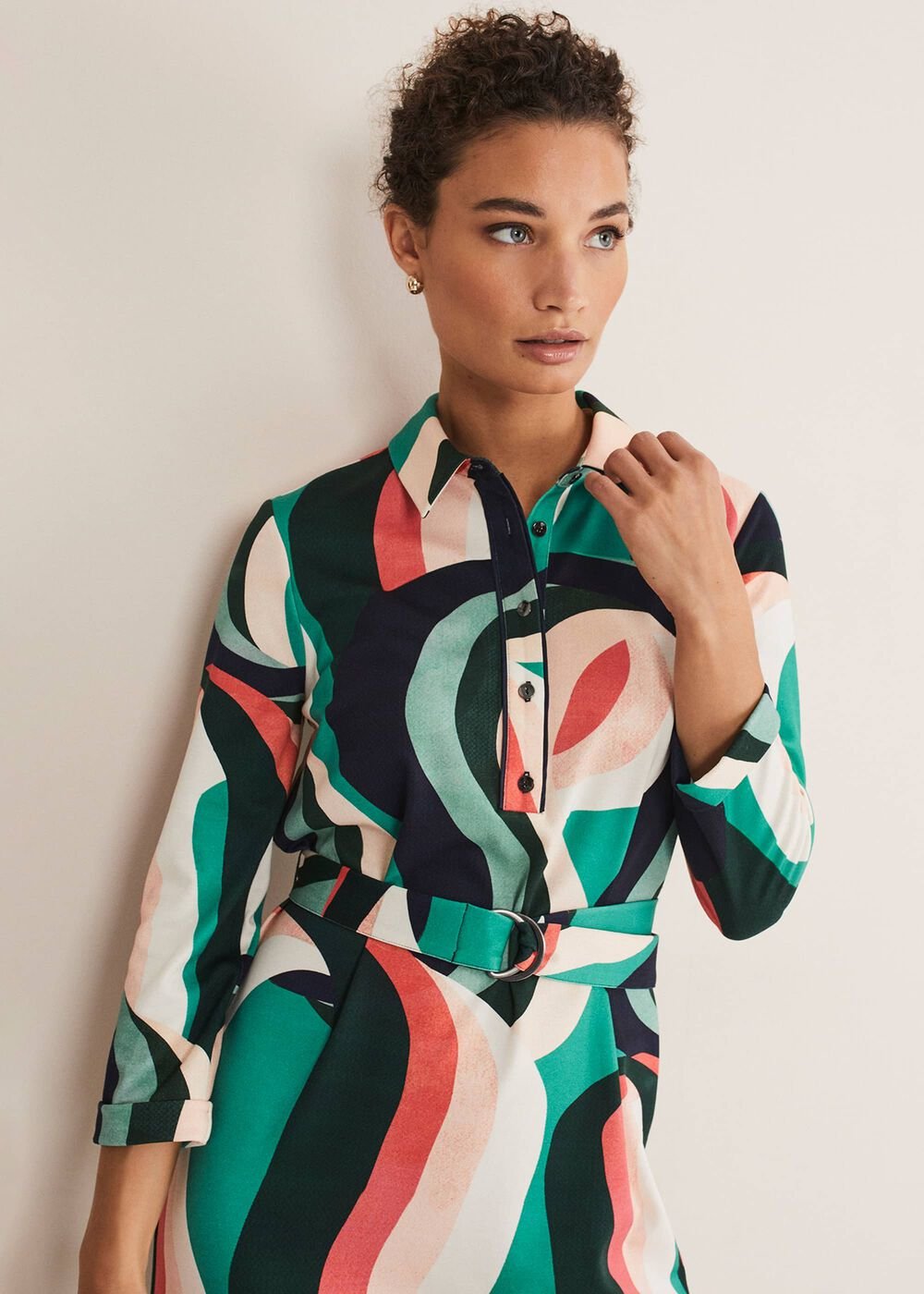Beth Swirl Belted Shift Dress - Green/Multi