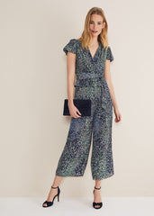 Leora Wrap Printed Plisse Jumpsuit - Navy/Multi