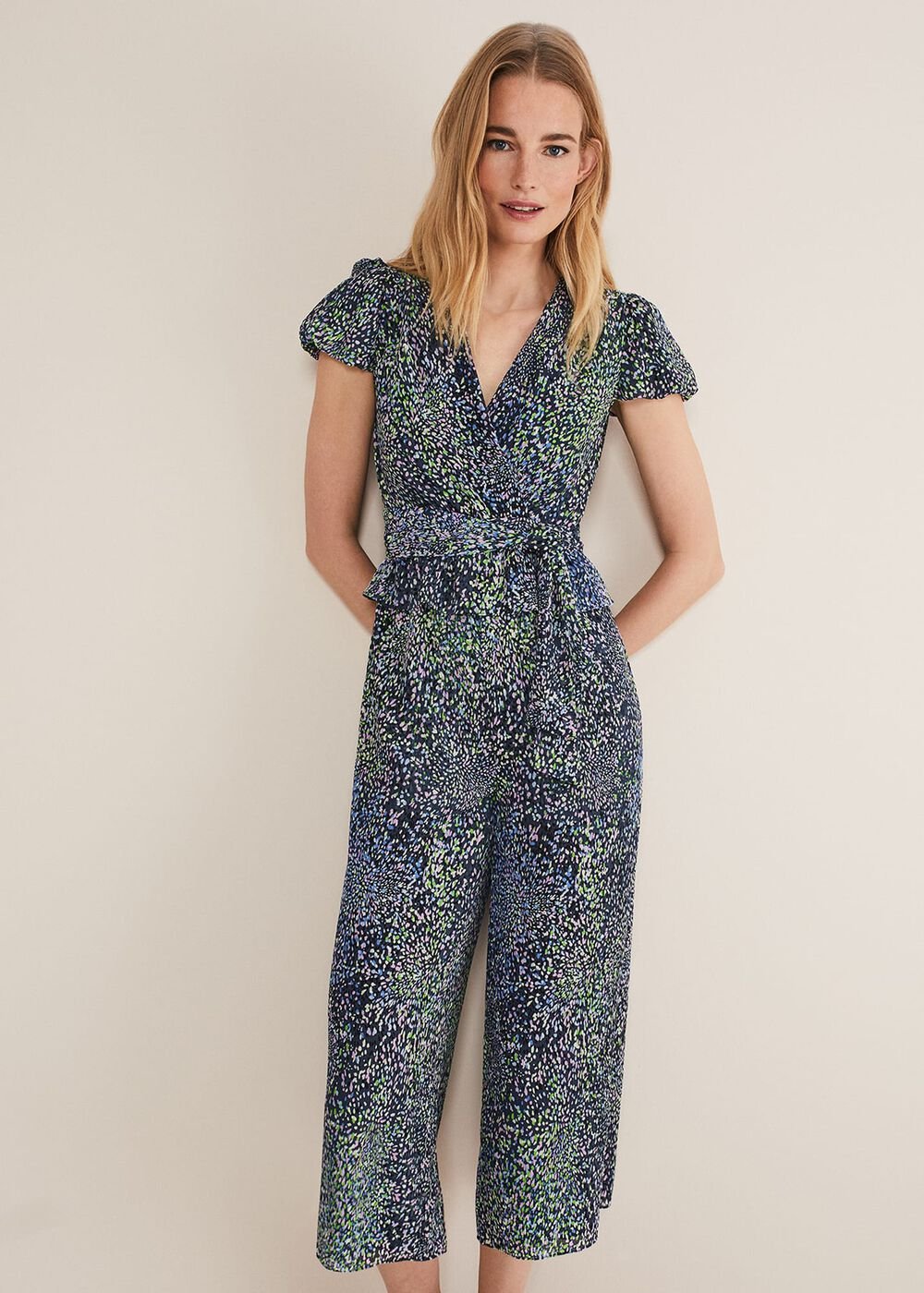 Leora Wrap Printed Plisse Jumpsuit - Navy/Multi