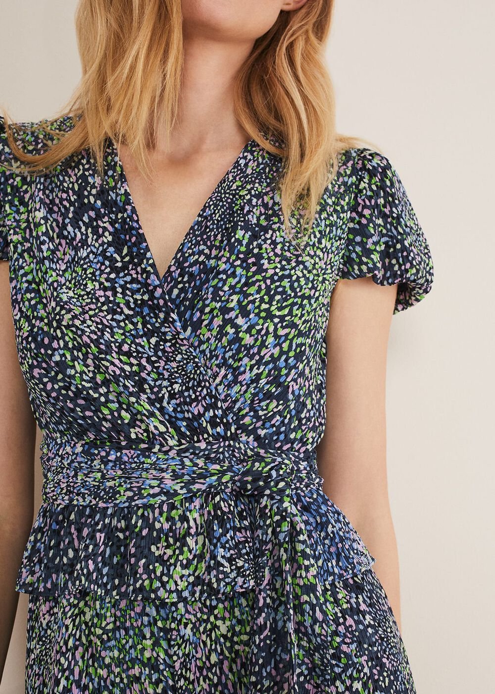 Leora Wrap Printed Plisse Jumpsuit - Navy/Multi