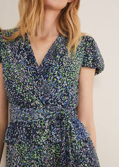 Leora Wrap Printed Plisse Jumpsuit - Navy/Multi