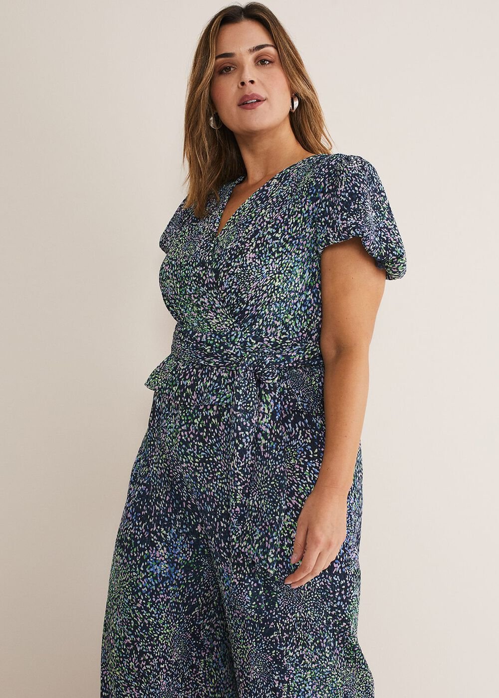 Leora Wrap Printed Plisse Jumpsuit - Navy/Multi