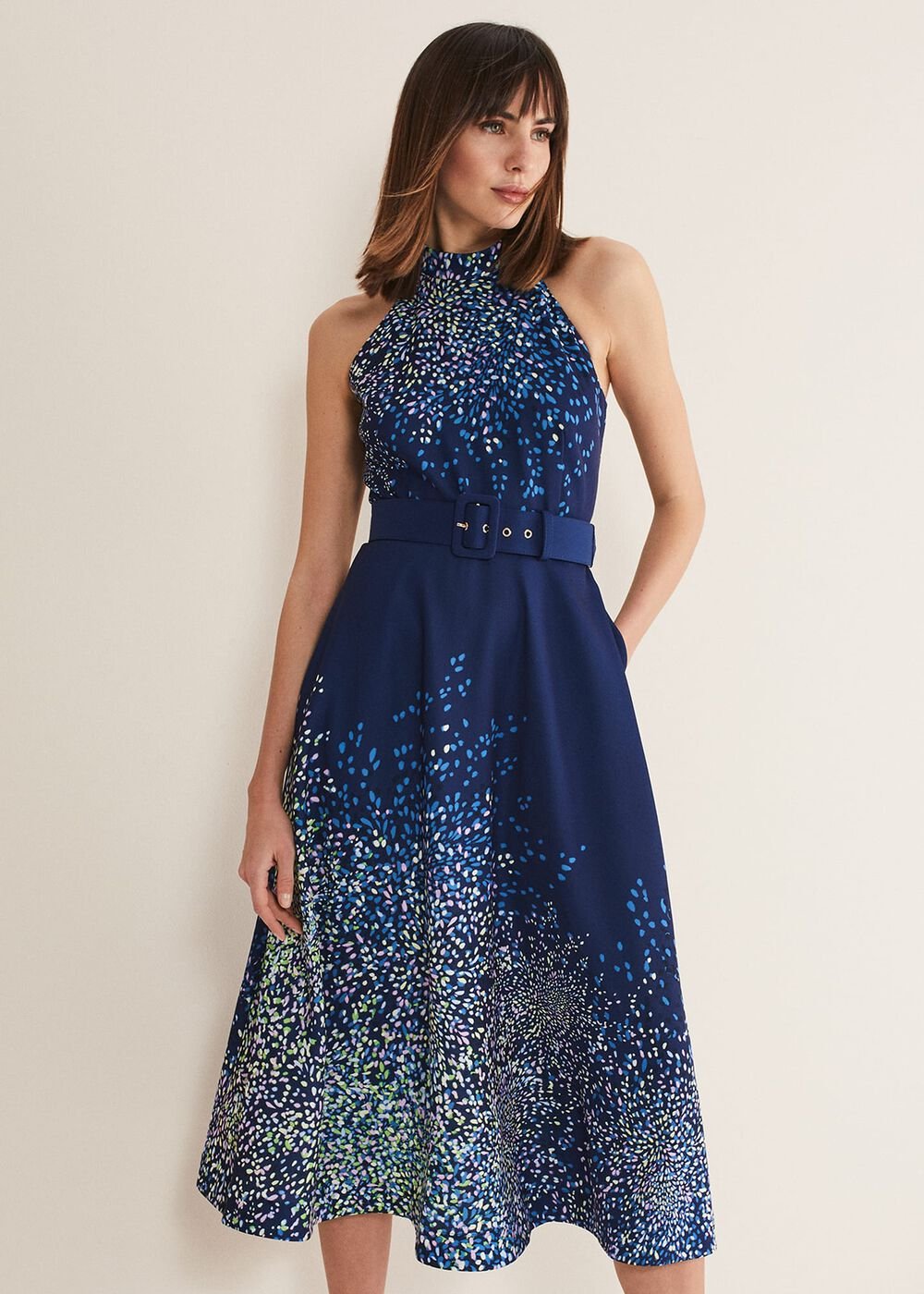 Navy Blue Halterneck Midi Dress with Splash Print - French Navy / Multi