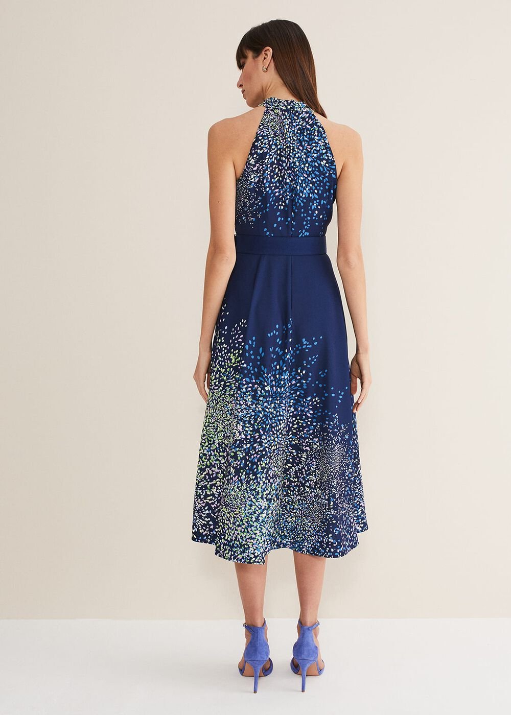 Navy Blue Halterneck Midi Dress with Splash Print - French Navy / Multi