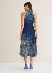 Navy Blue Halterneck Midi Dress with Splash Print - French Navy / Multi
