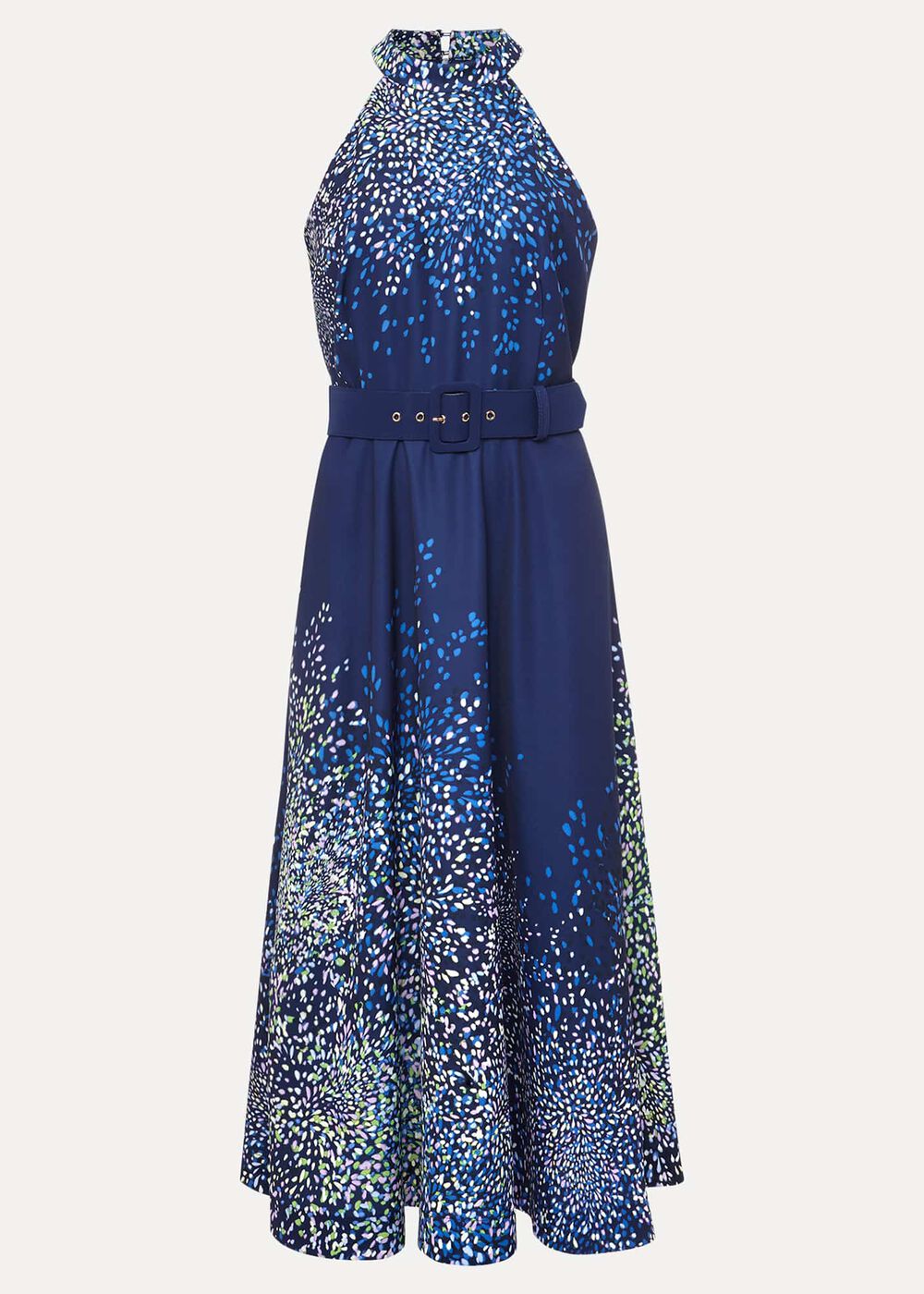 Navy Blue Halterneck Midi Dress with Splash Print - French Navy / Multi