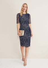 Navy Bodycon Midi Dress with Ditzy Print Embellishment - Navy/Multi