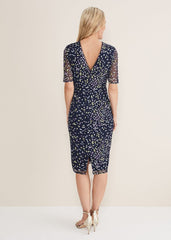 Navy Bodycon Midi Dress with Ditzy Print Embellishment - Navy/Multi