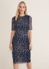 Navy Bodycon Midi Dress with Ditzy Print Embellishment - Navy/Multi