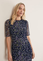 Navy Bodycon Midi Dress with Ditzy Print Embellishment - Navy/Multi