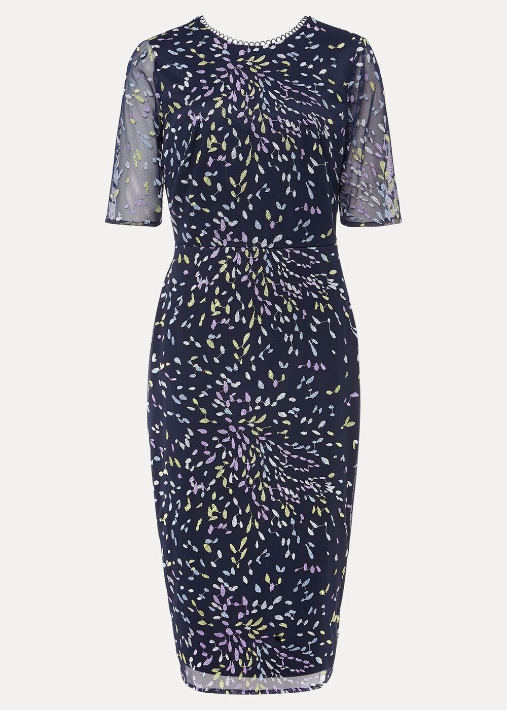 Navy Bodycon Midi Dress with Ditzy Print Embellishment - Navy/Multi