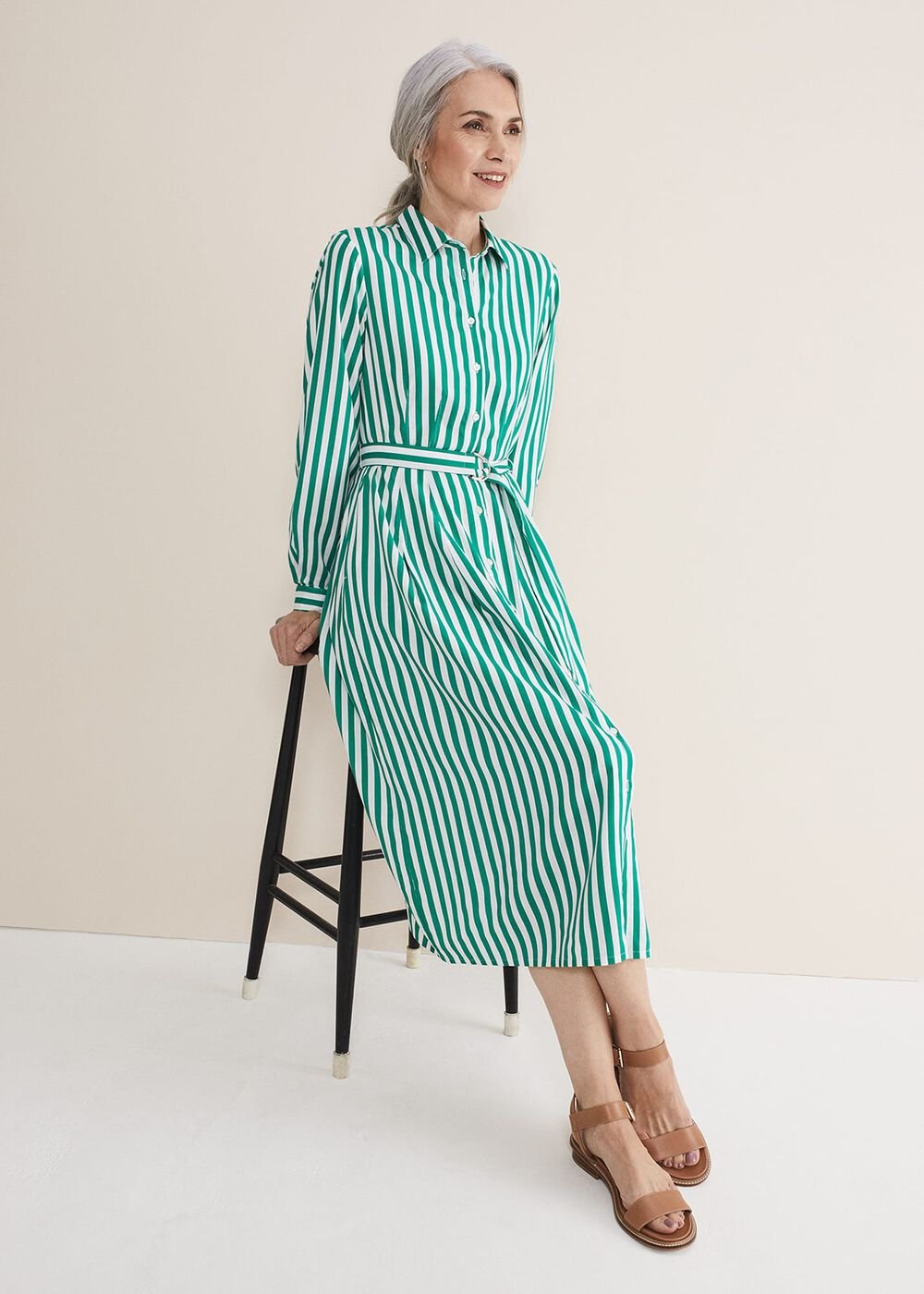 Ida Stripe Shirt Midi Dress - Green