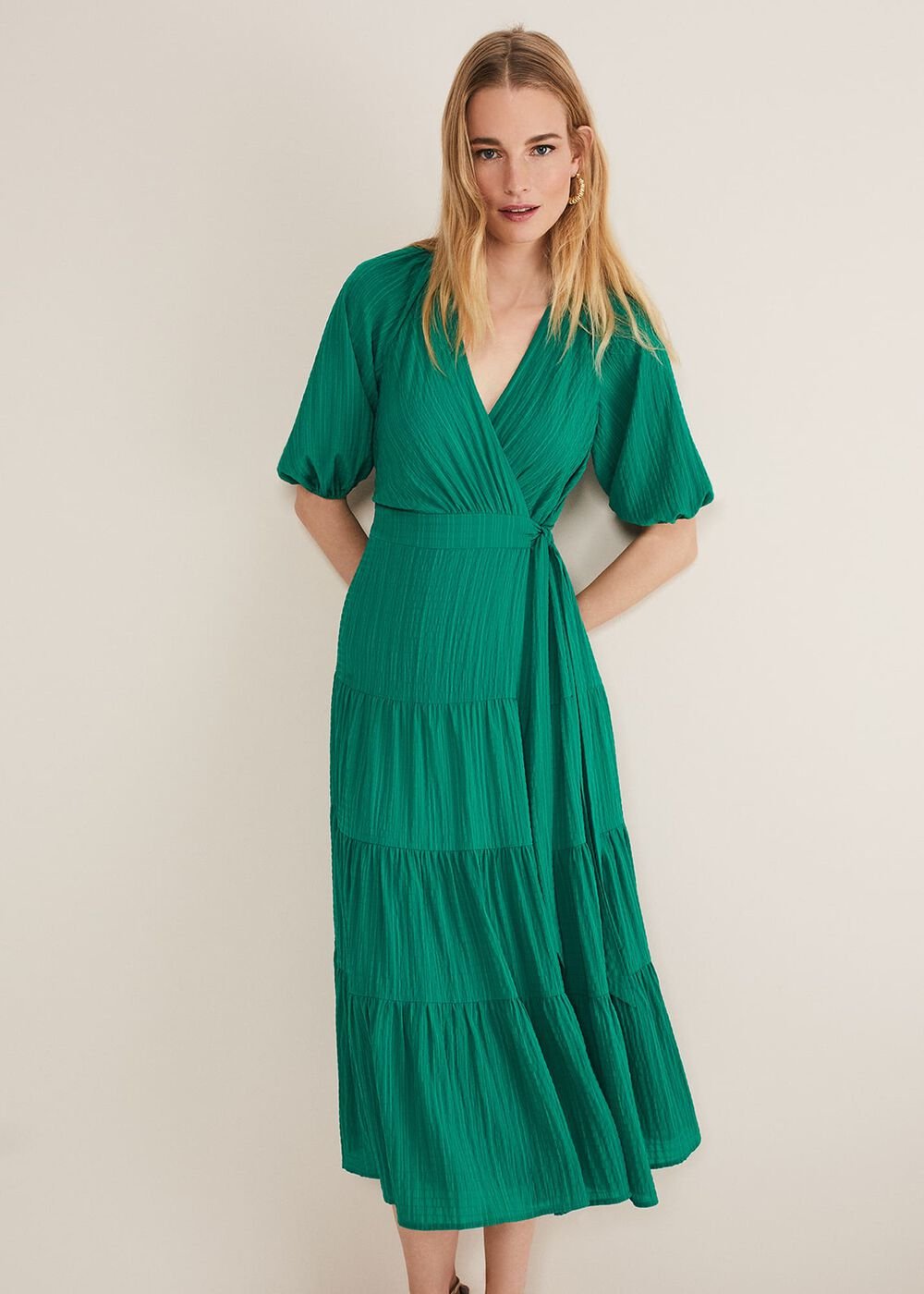 Morven Green Wrap Midi Dress - Bright Green