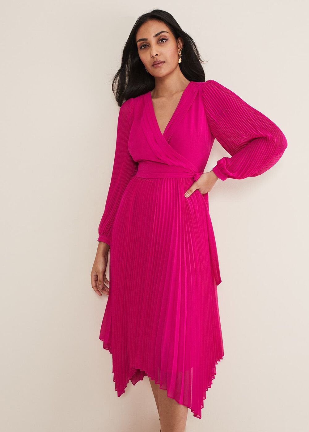 Petite Petra Wrap Pleated Midi Dress - Magenta