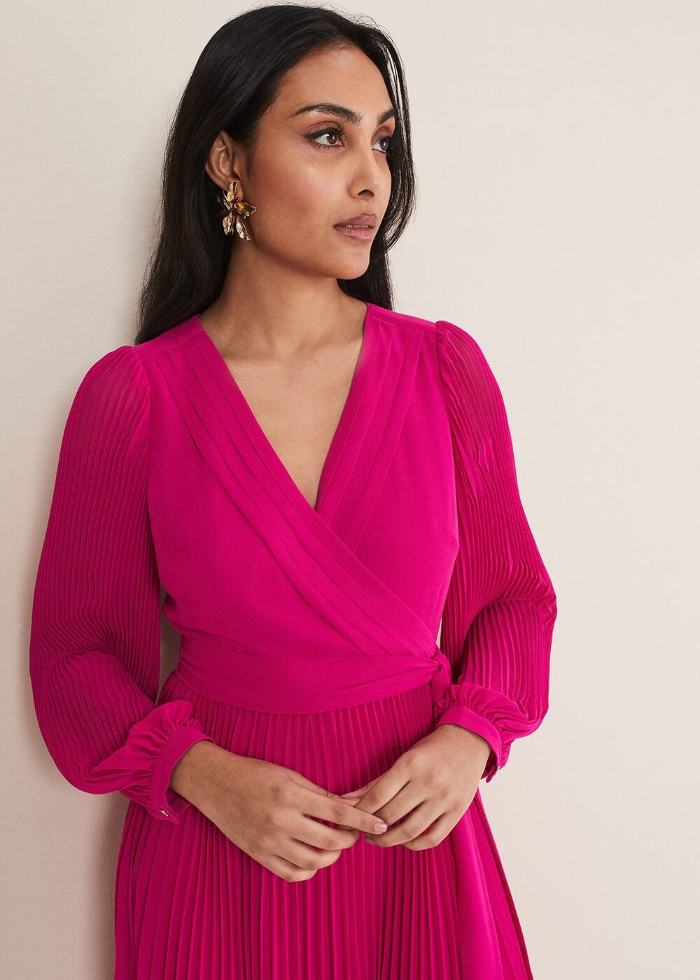 Petite Petra Wrap Pleated Midi Dress - Magenta