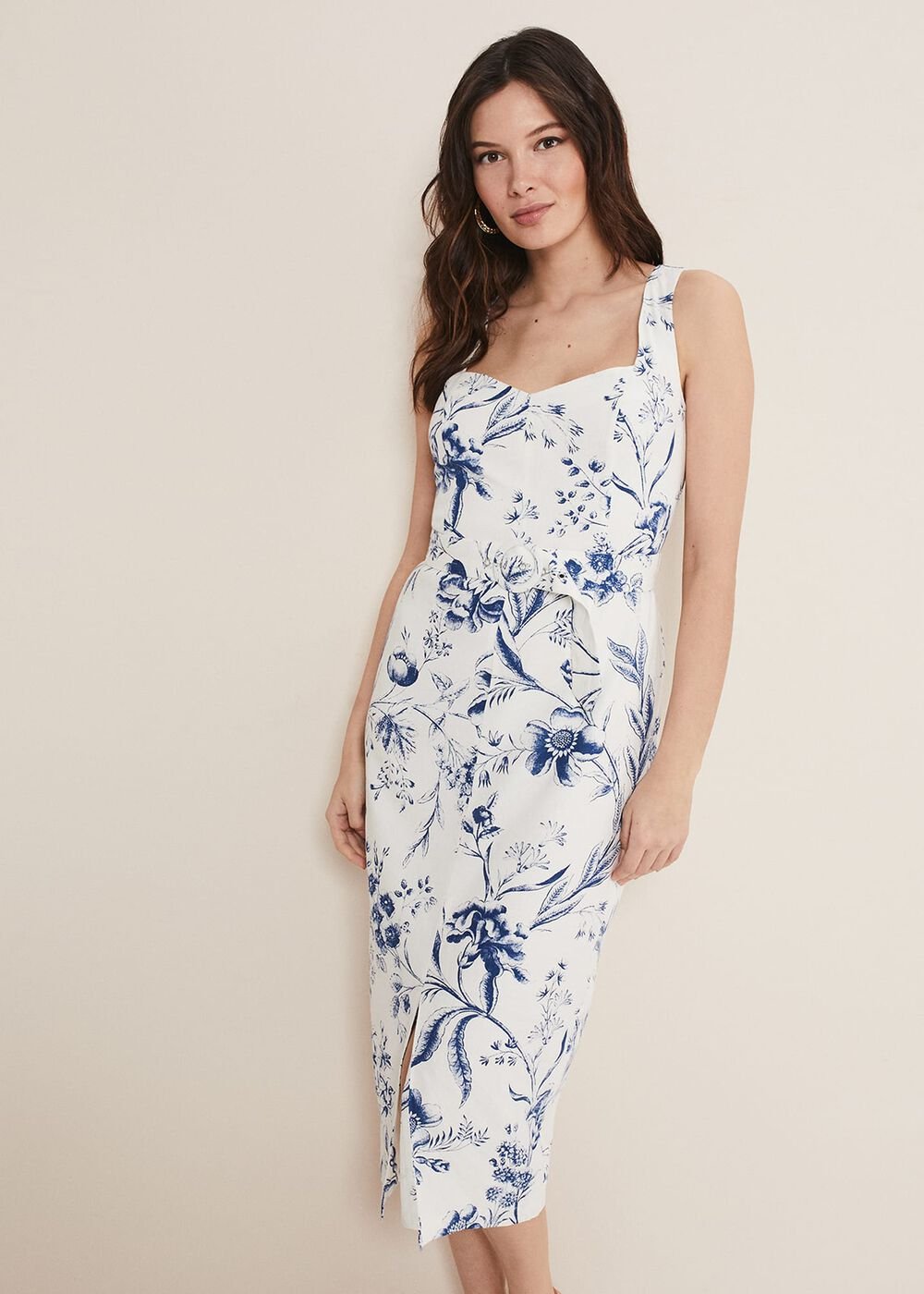 Kaya Linen Floral Bodycon Midi Dress - White/Blue